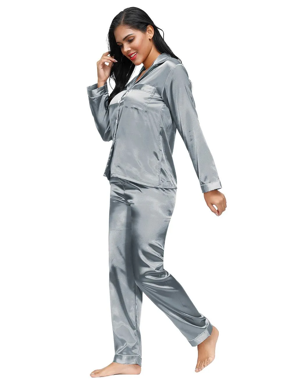 Long Sleeve Silk Pajamas Set Two Piece Set