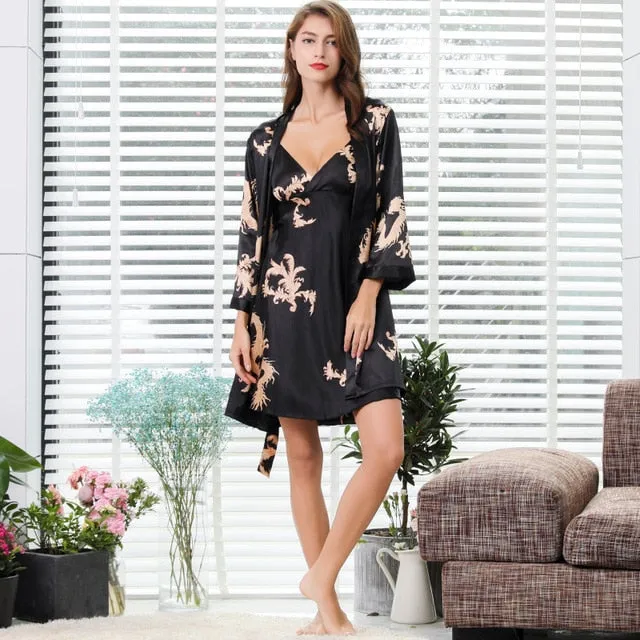 Luxury Designer women's Silk Kimono Robe Set 5XL Sleepwear Bathrobe Oversized Satin Nightgown 2PC Ladies Summer Home Clothing