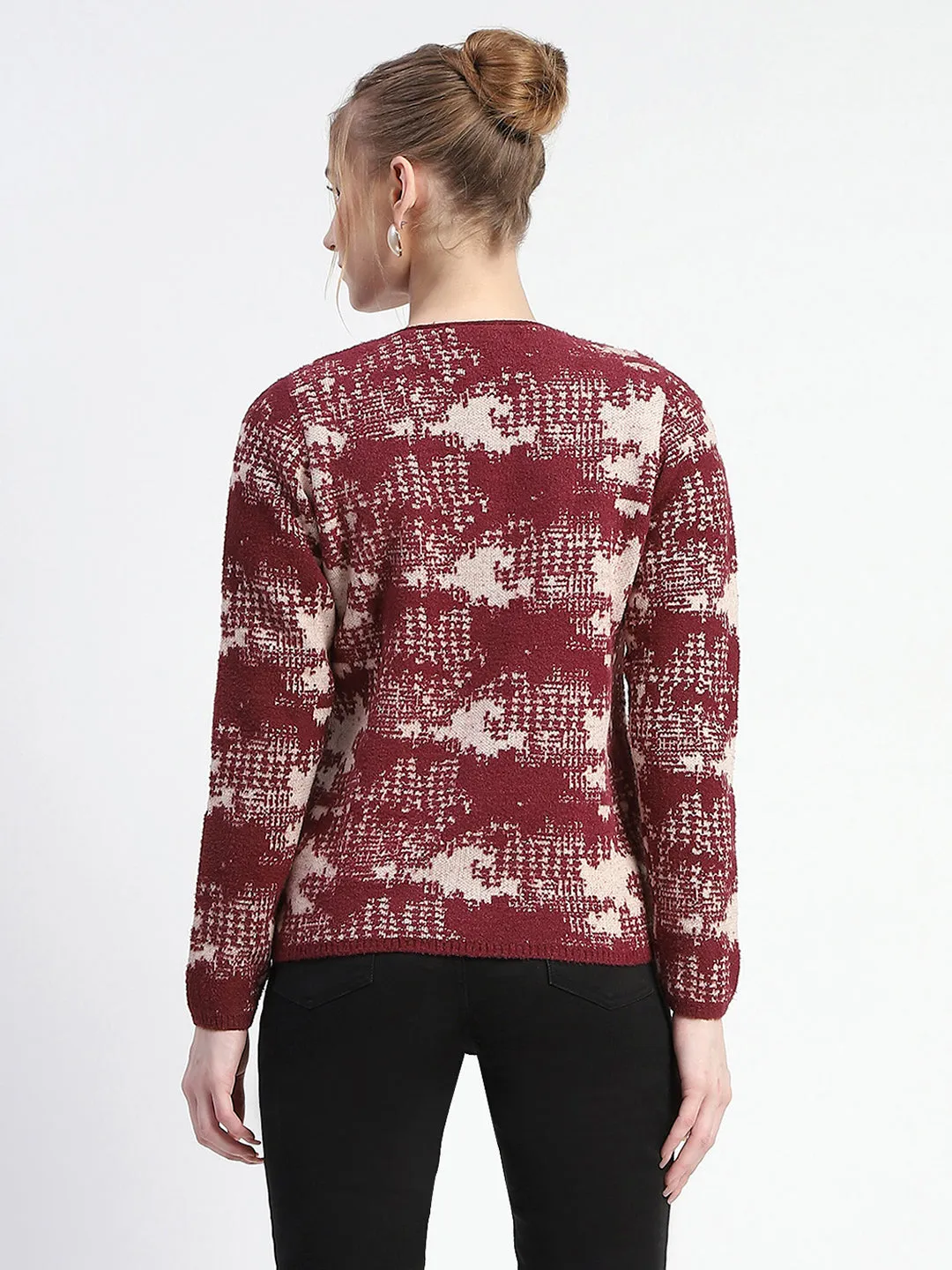 Madame Abstract Print Wine Red Button Down Cardigan