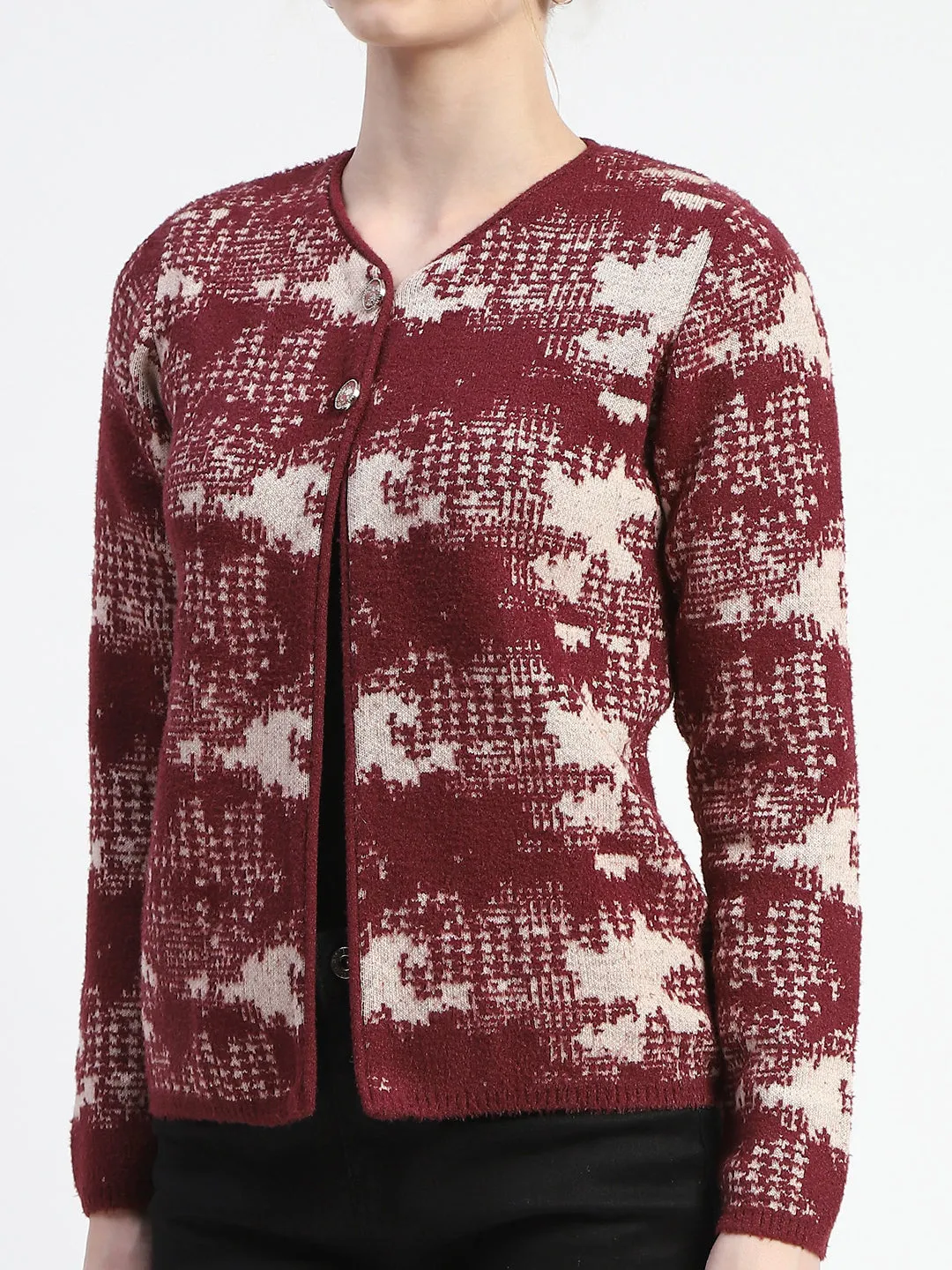 Madame Abstract Print Wine Red Button Down Cardigan