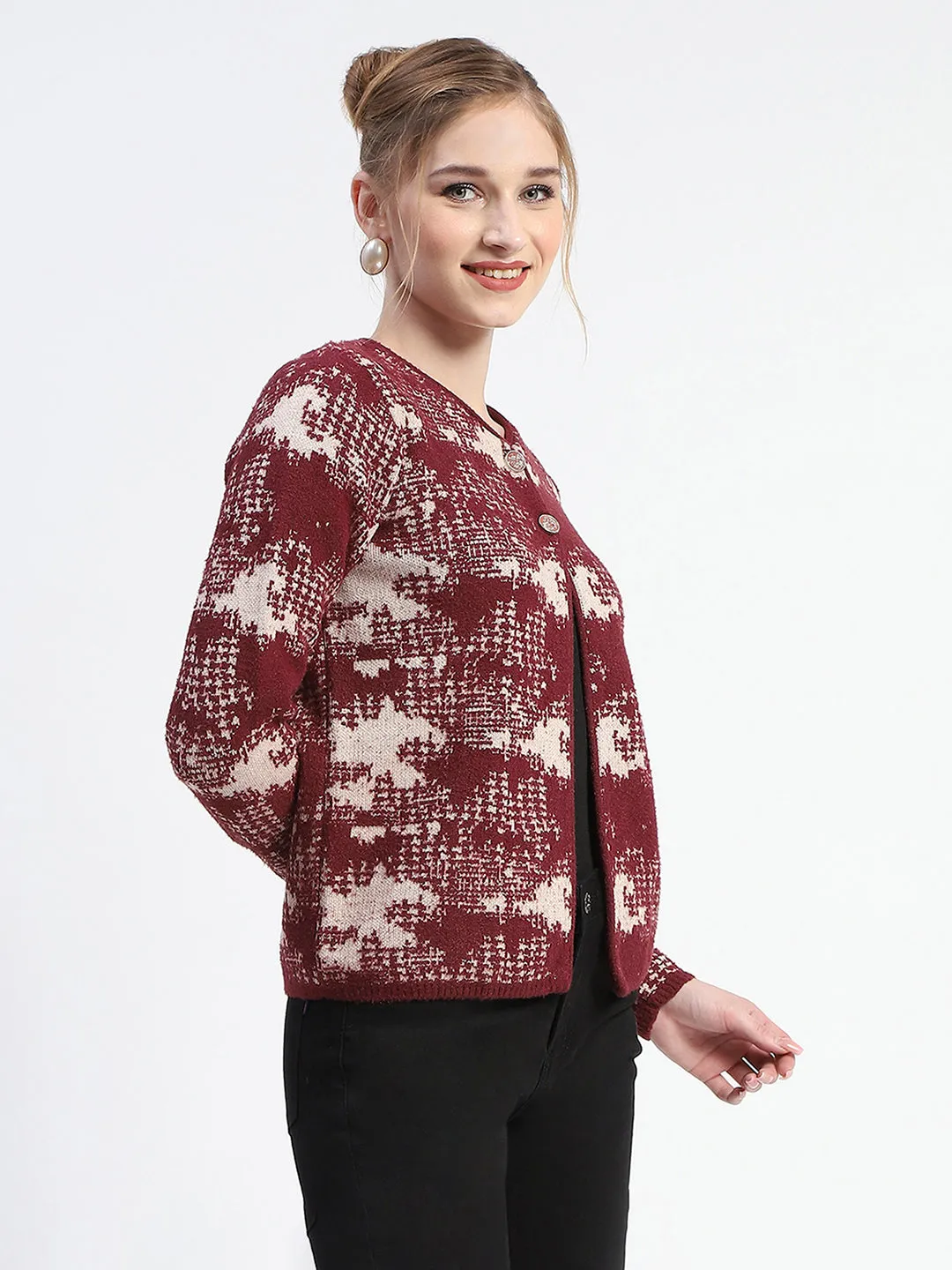 Madame Abstract Print Wine Red Button Down Cardigan
