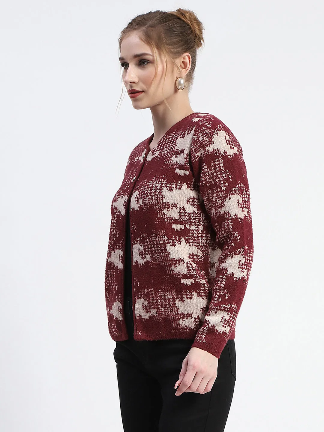 Madame Abstract Print Wine Red Button Down Cardigan