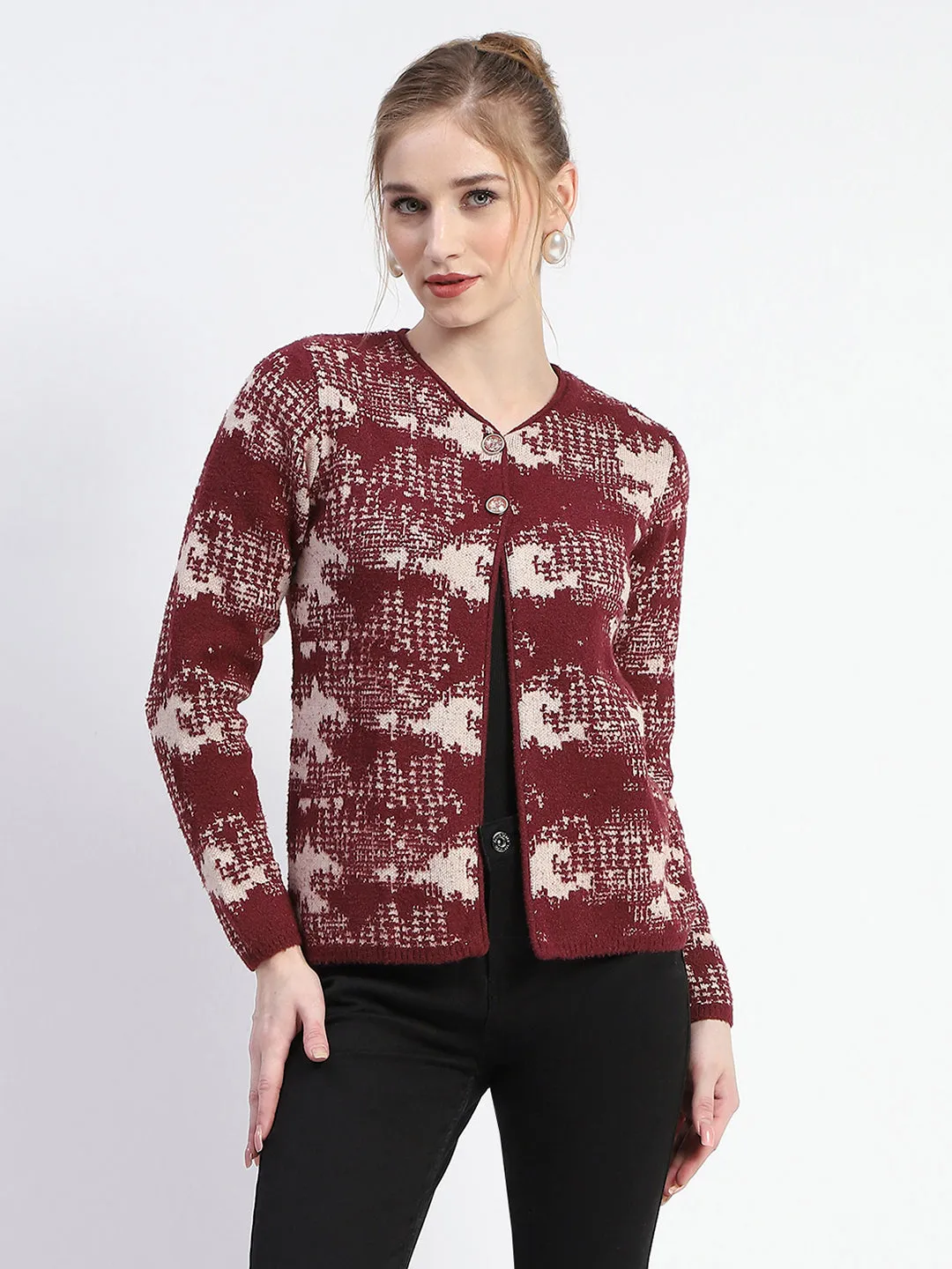 Madame Abstract Print Wine Red Button Down Cardigan