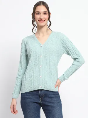 Madame Cable Knit Self Design Solid Mint Green Acrylic Cardigan
