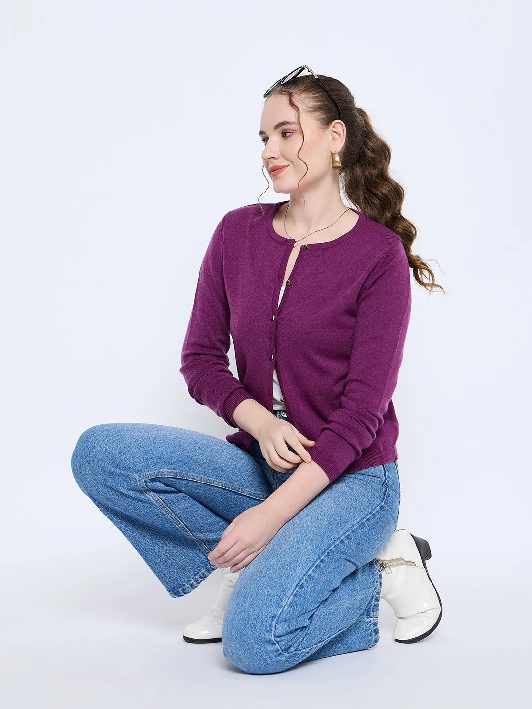 Madame Crew Neck Button Down Dark Purple Cardigan