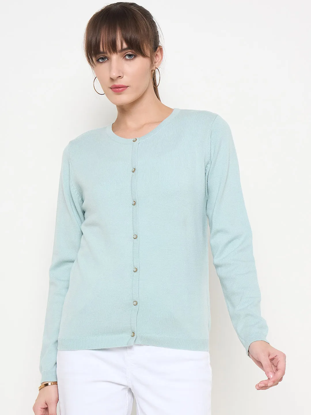 Madame Crew Neck Button Down Mint Green Cardigan