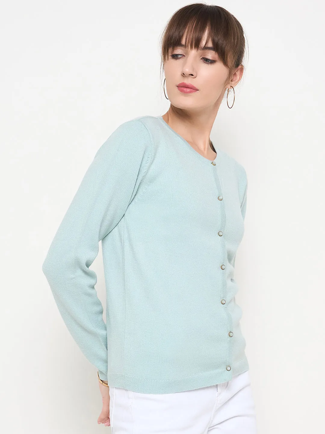 Madame Crew Neck Button Down Mint Green Cardigan
