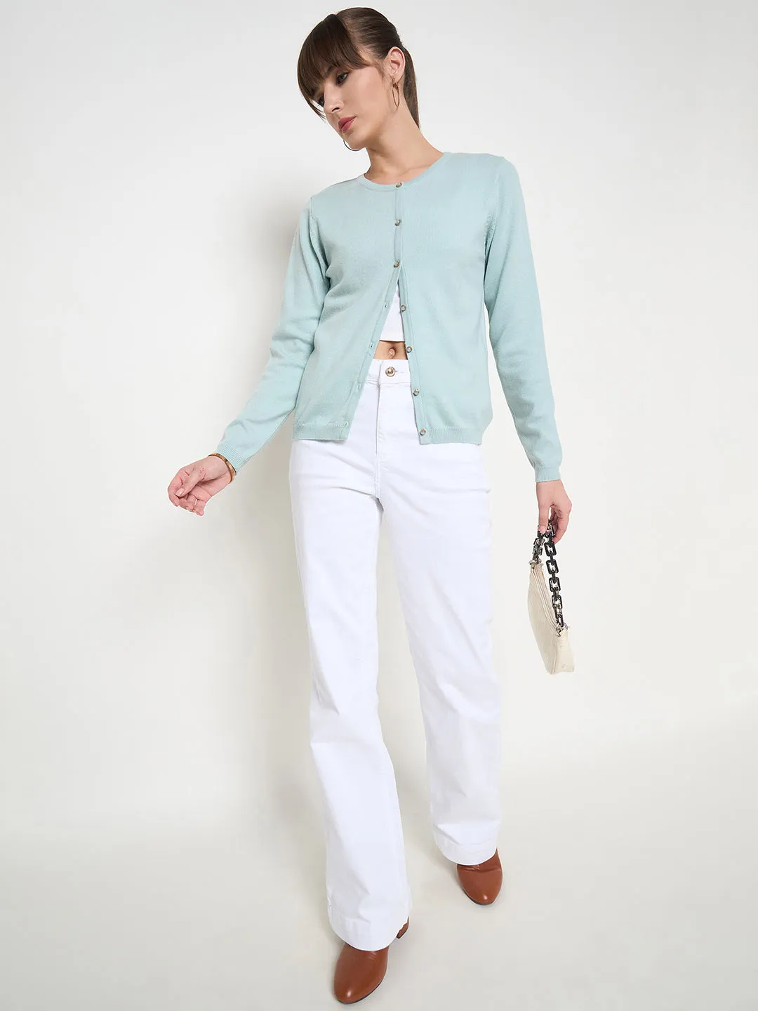 Madame Crew Neck Button Down Mint Green Cardigan