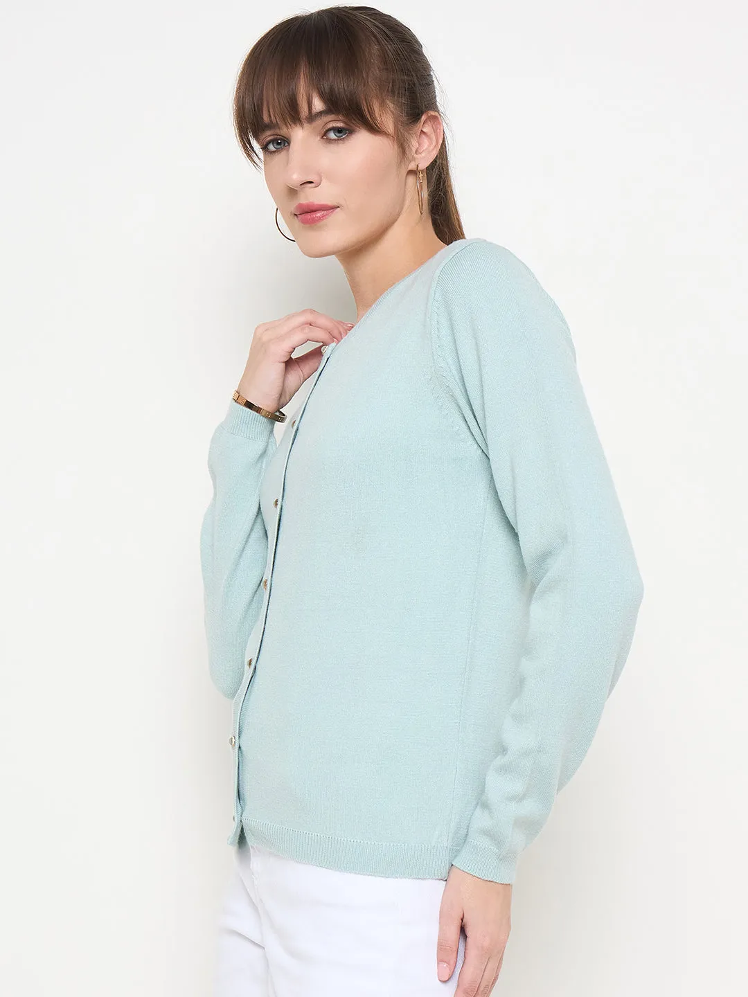 Madame Crew Neck Button Down Mint Green Cardigan