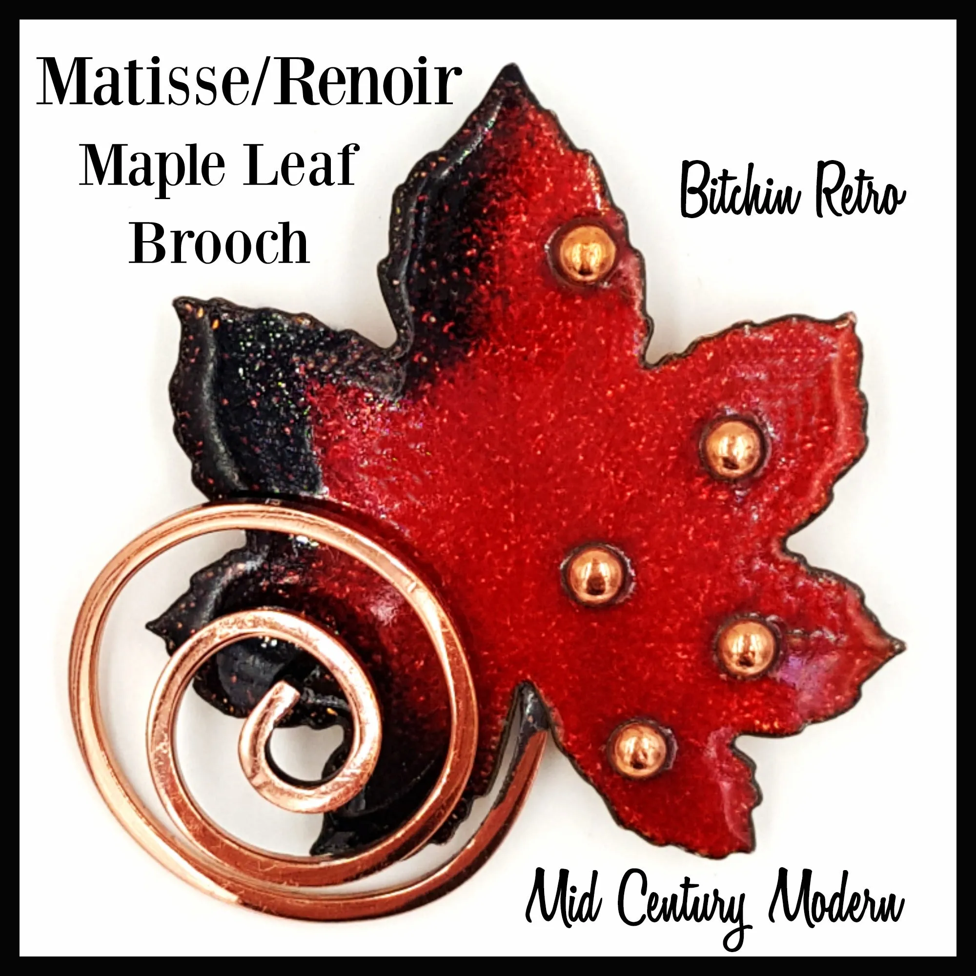 Matisse Renoir Vintage Copper and Enamel Brooch  Mid Century Modern Leaf Pin