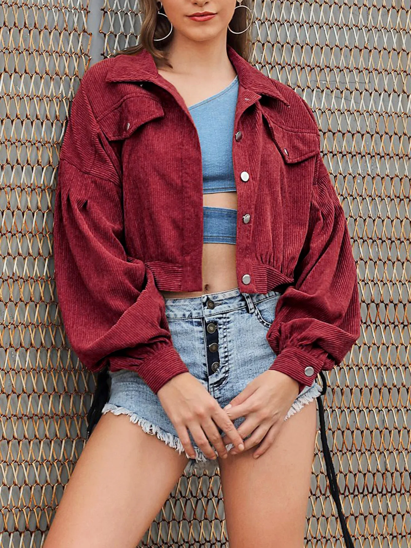 Multicolor Drop Shoulder Corduroy Coat Flap Pocket Jacket