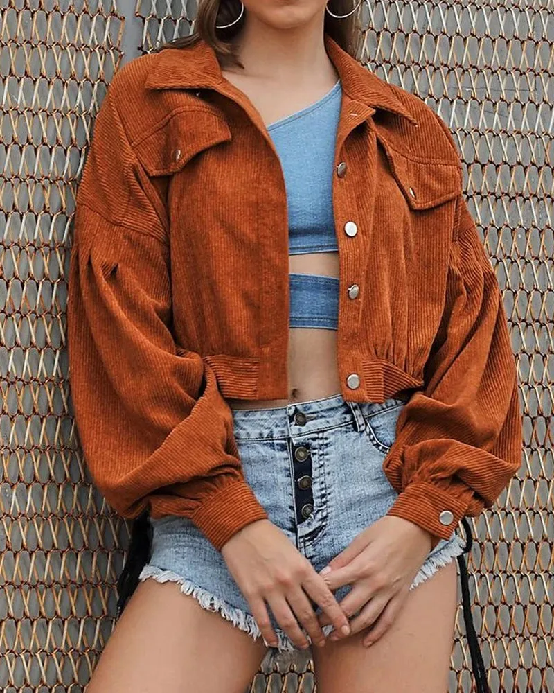 Multicolor Drop Shoulder Corduroy Coat Flap Pocket Jacket