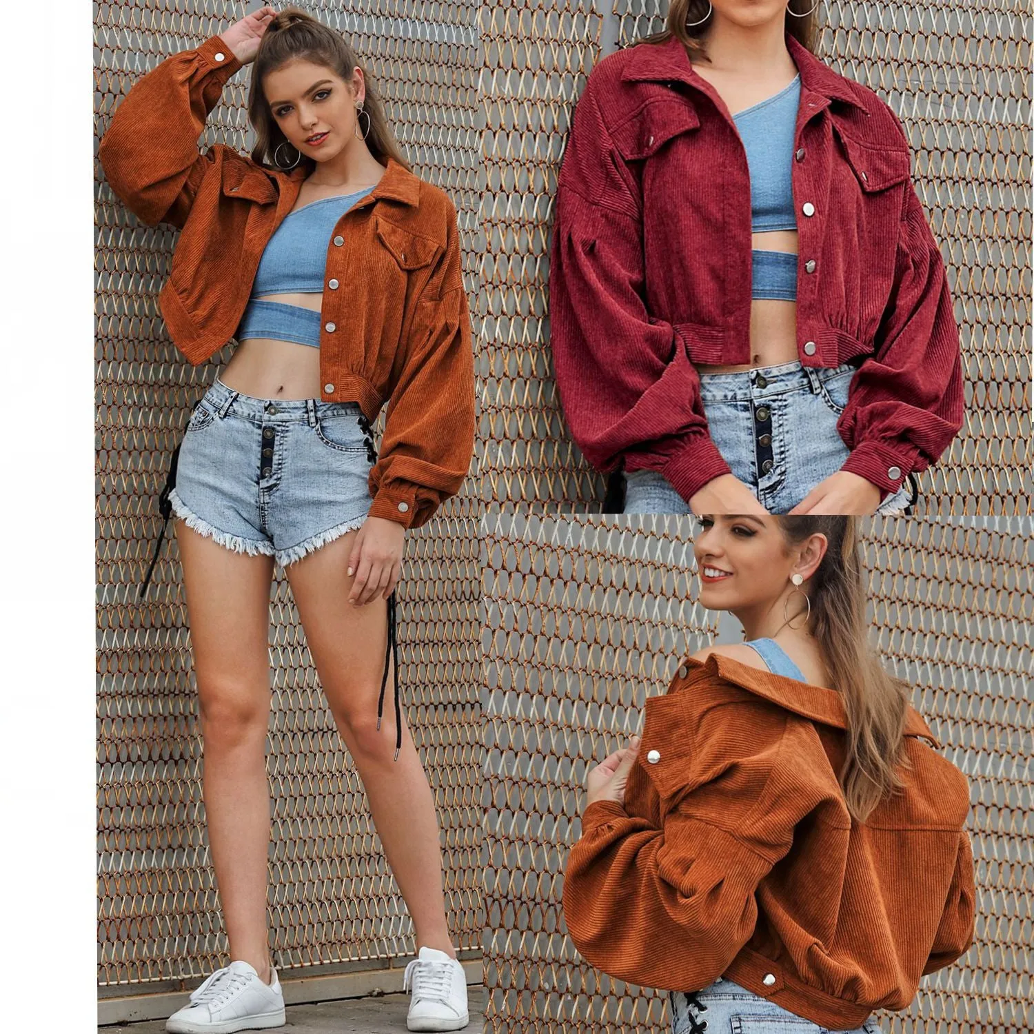 Multicolor Drop Shoulder Corduroy Coat Flap Pocket Jacket