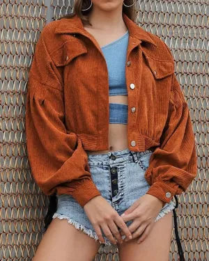 Multicolor Drop Shoulder Corduroy Coat Flap Pocket Jacket
