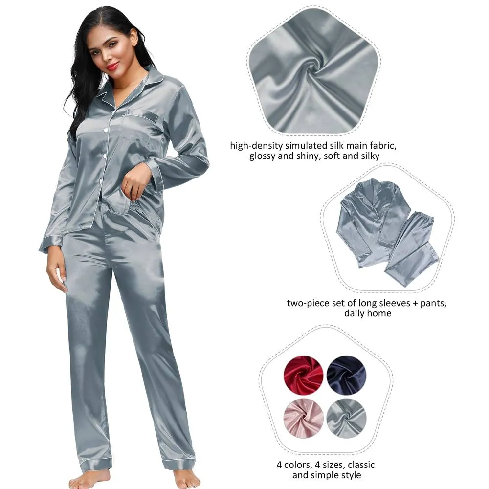New Long Sleeve Silk Pajamas Set Two Piece Set