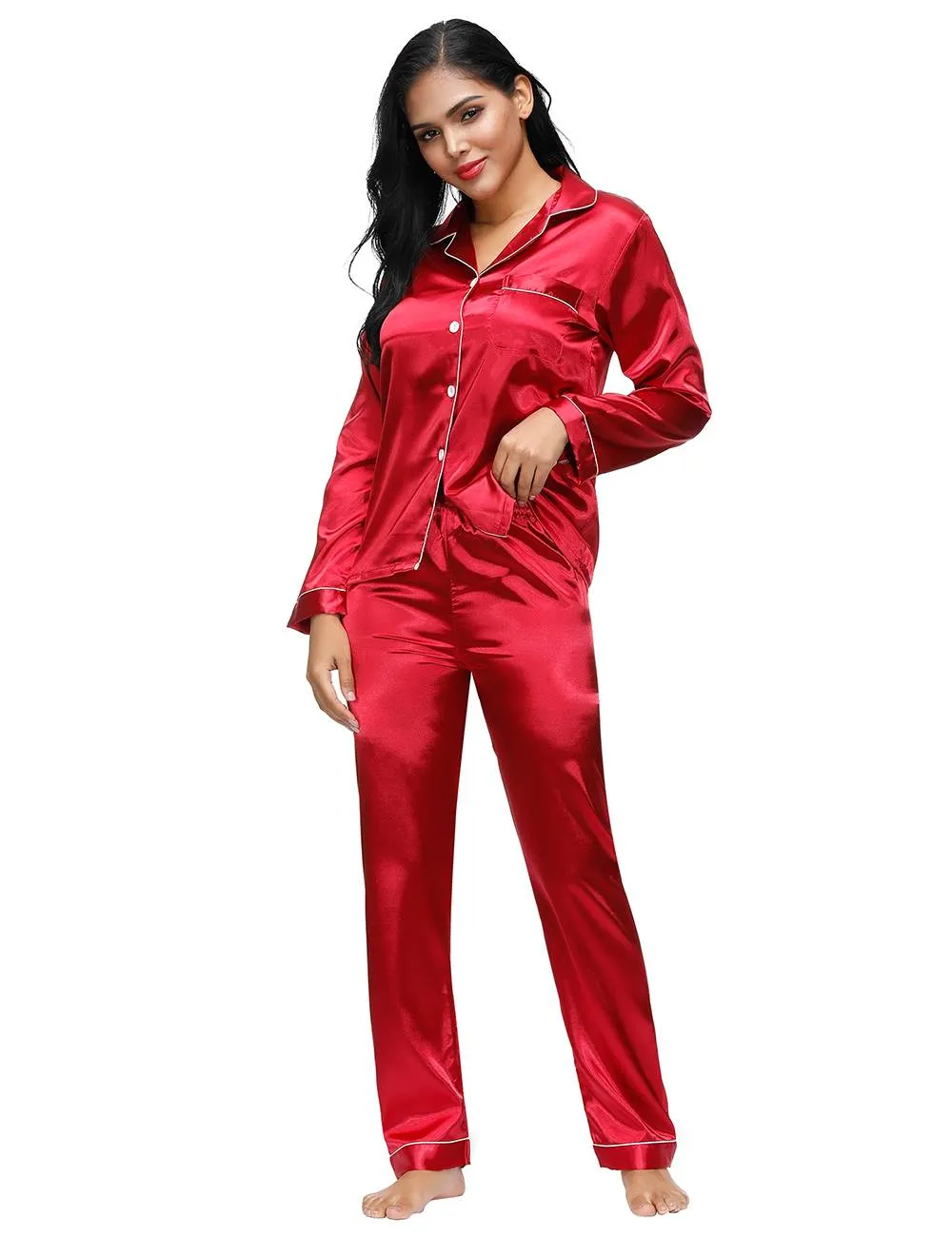 New Long Sleeve Silk Pajamas Set Two Piece Set