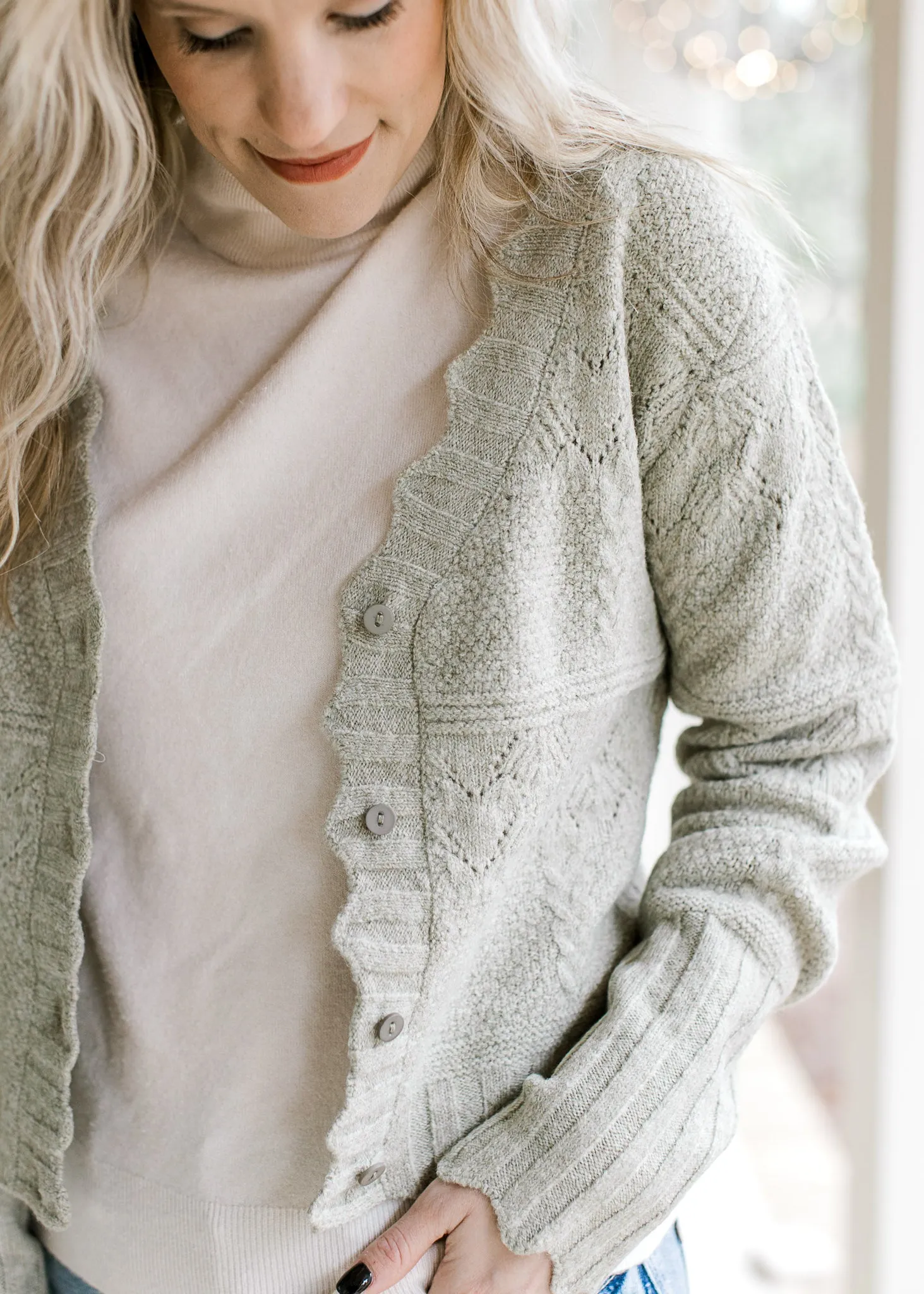 Olive Scallop Button Cardigan