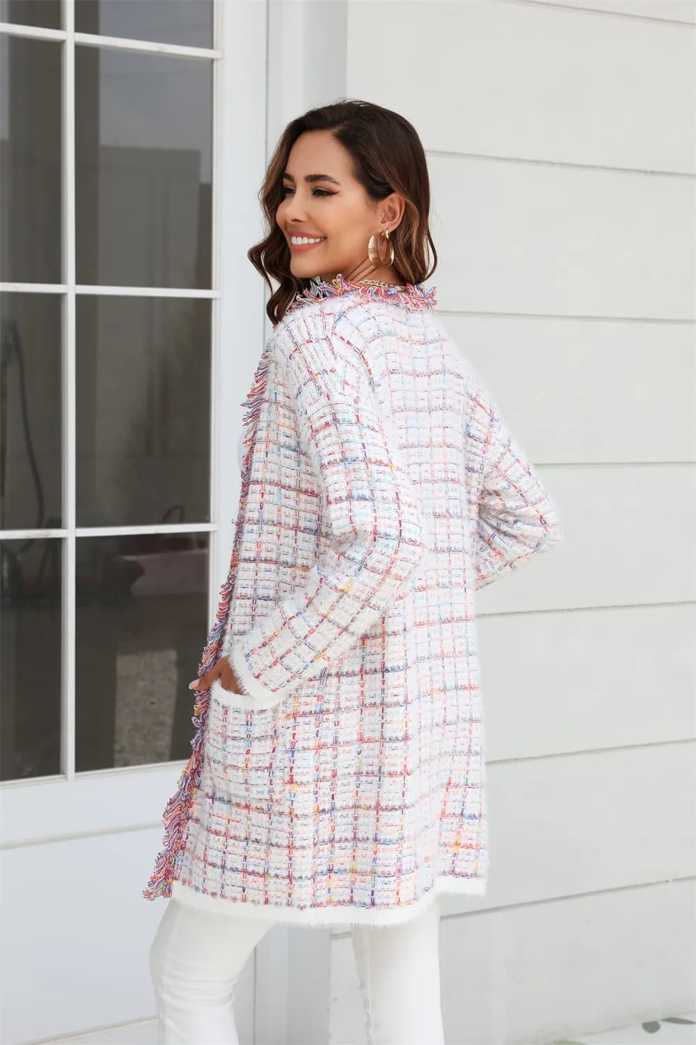 Olivia Plaid Fringe Trim Open Front Longline Cardigan