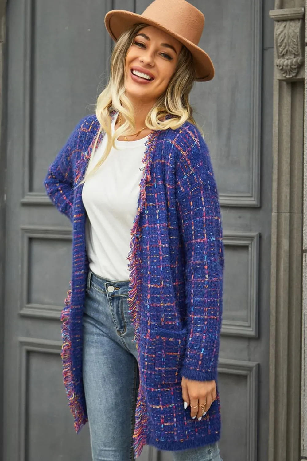 Olivia Plaid Fringe Trim Open Front Longline Cardigan