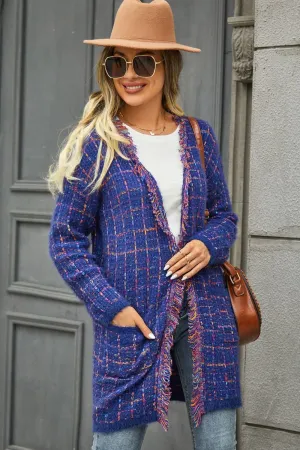 Olivia Plaid Fringe Trim Open Front Longline Cardigan