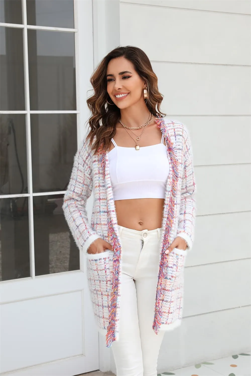 Olivia Plaid Fringe Trim Open Front Longline Cardigan