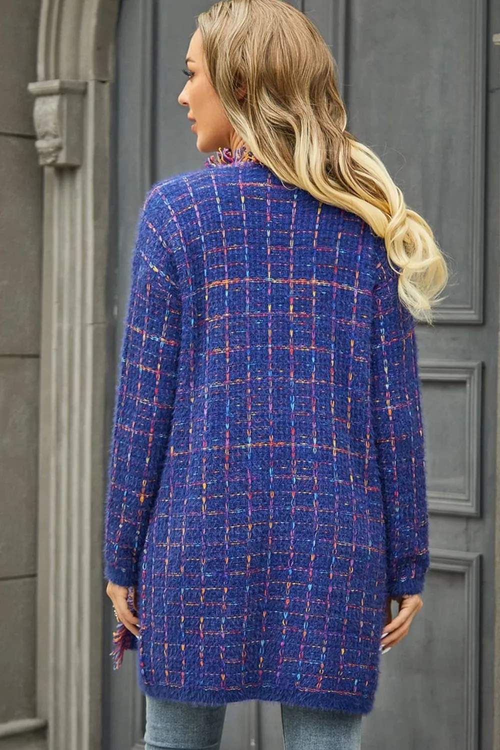 Olivia Plaid Fringe Trim Open Front Longline Cardigan
