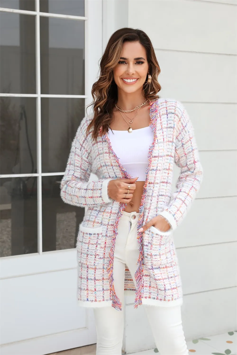 Olivia Plaid Fringe Trim Open Front Longline Cardigan