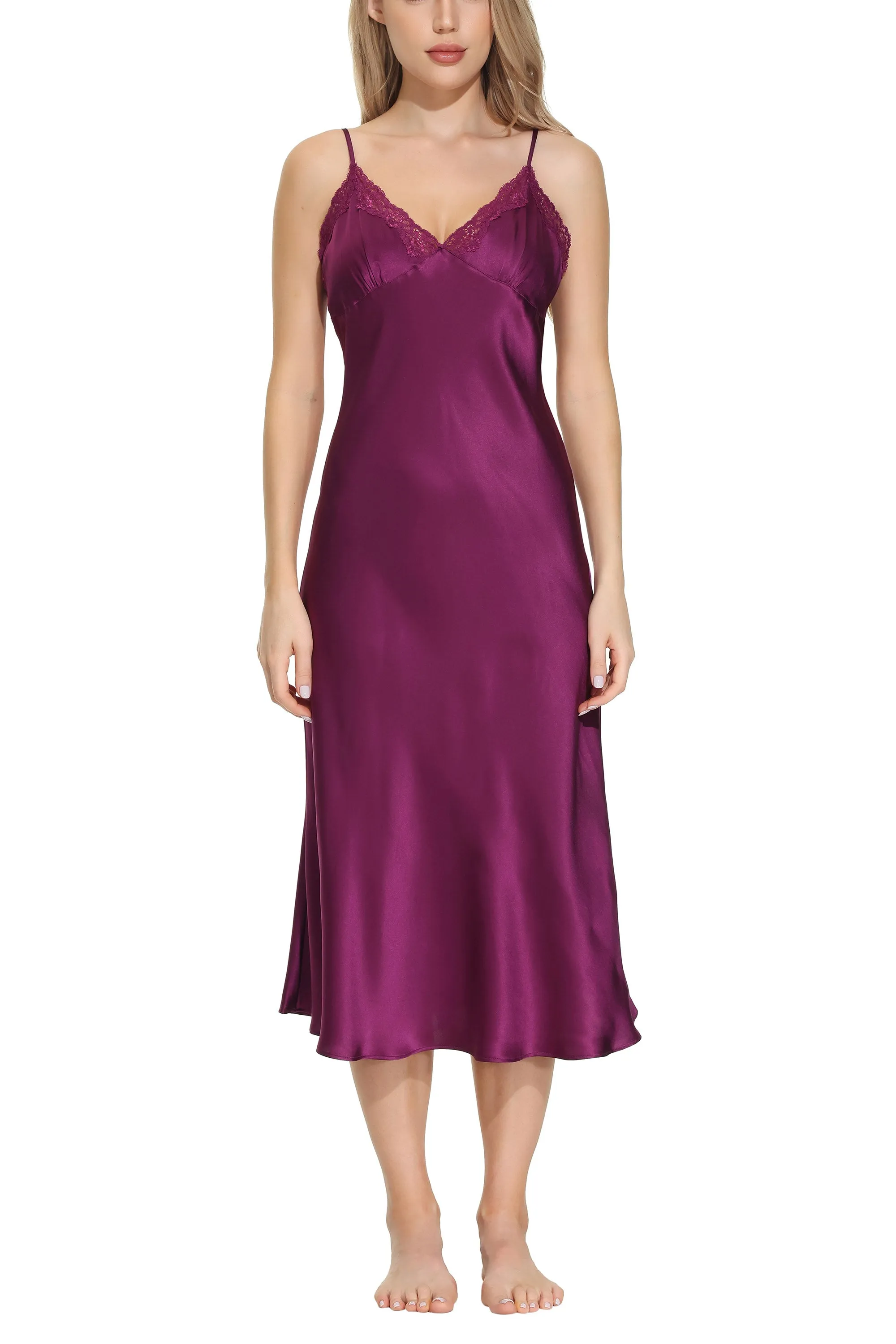 Oscar Rossa Women's Long Silk Nightgown 100% Silk Full Slip Chemise with Charming Lace