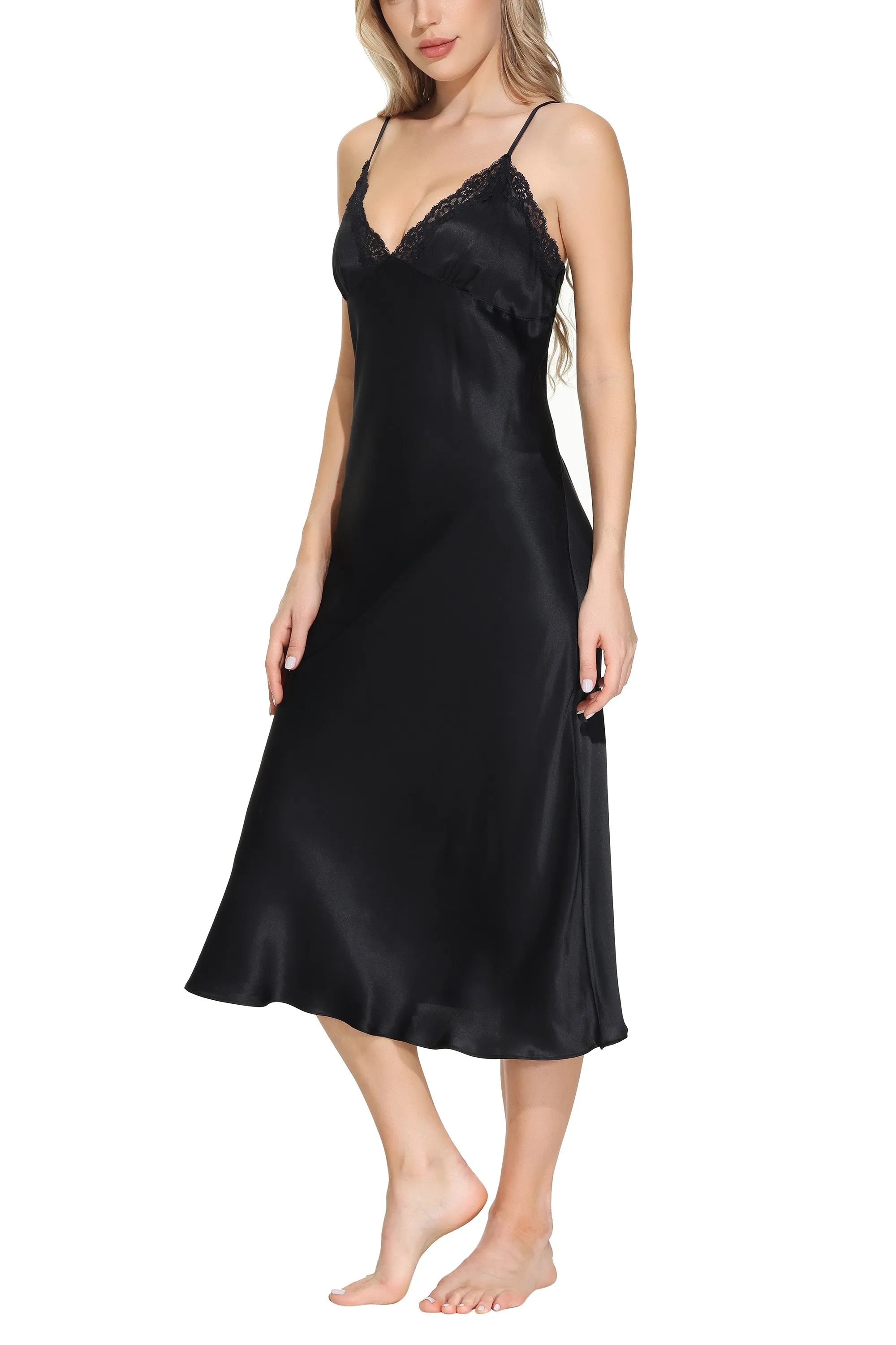 Oscar Rossa Women's Long Silk Nightgown 100% Silk Full Slip Chemise with Charming Lace
