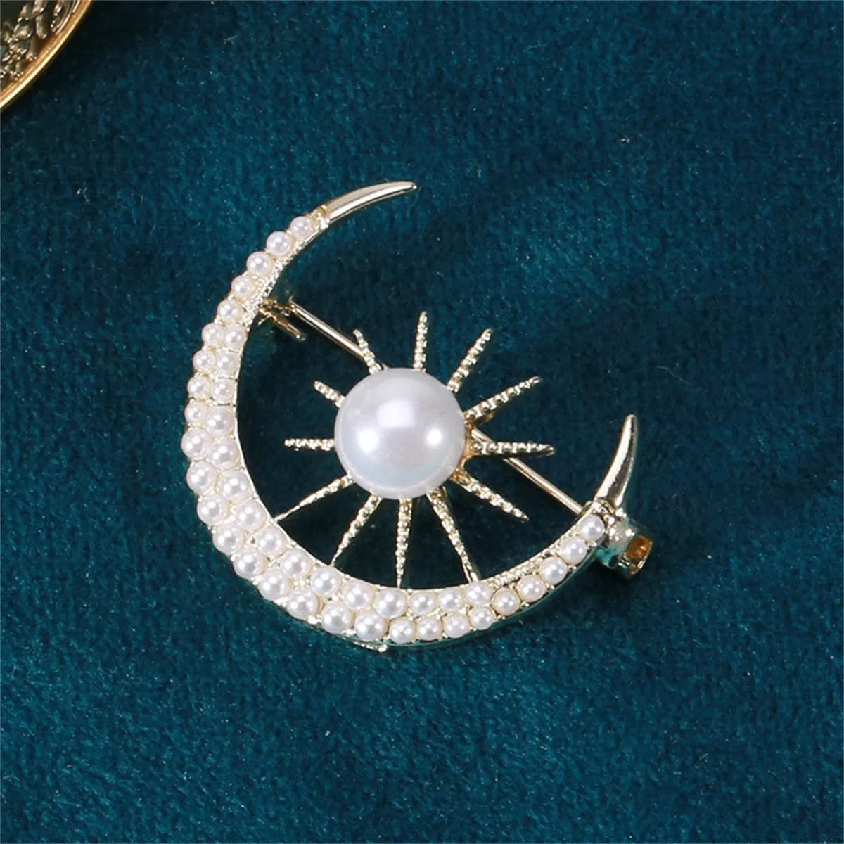 Pearl & 18K Gold-Plated Sun & Moon Brooch