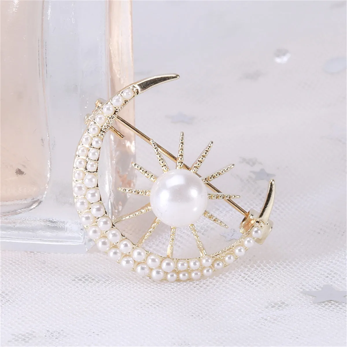Pearl & 18K Gold-Plated Sun & Moon Brooch
