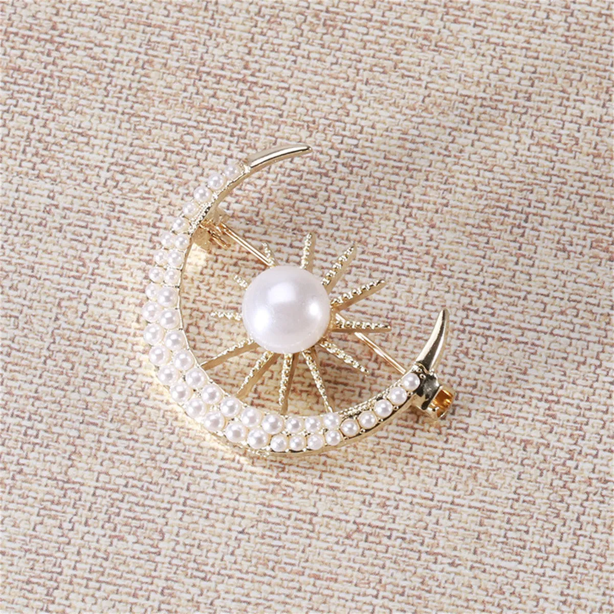 Pearl & 18K Gold-Plated Sun & Moon Brooch