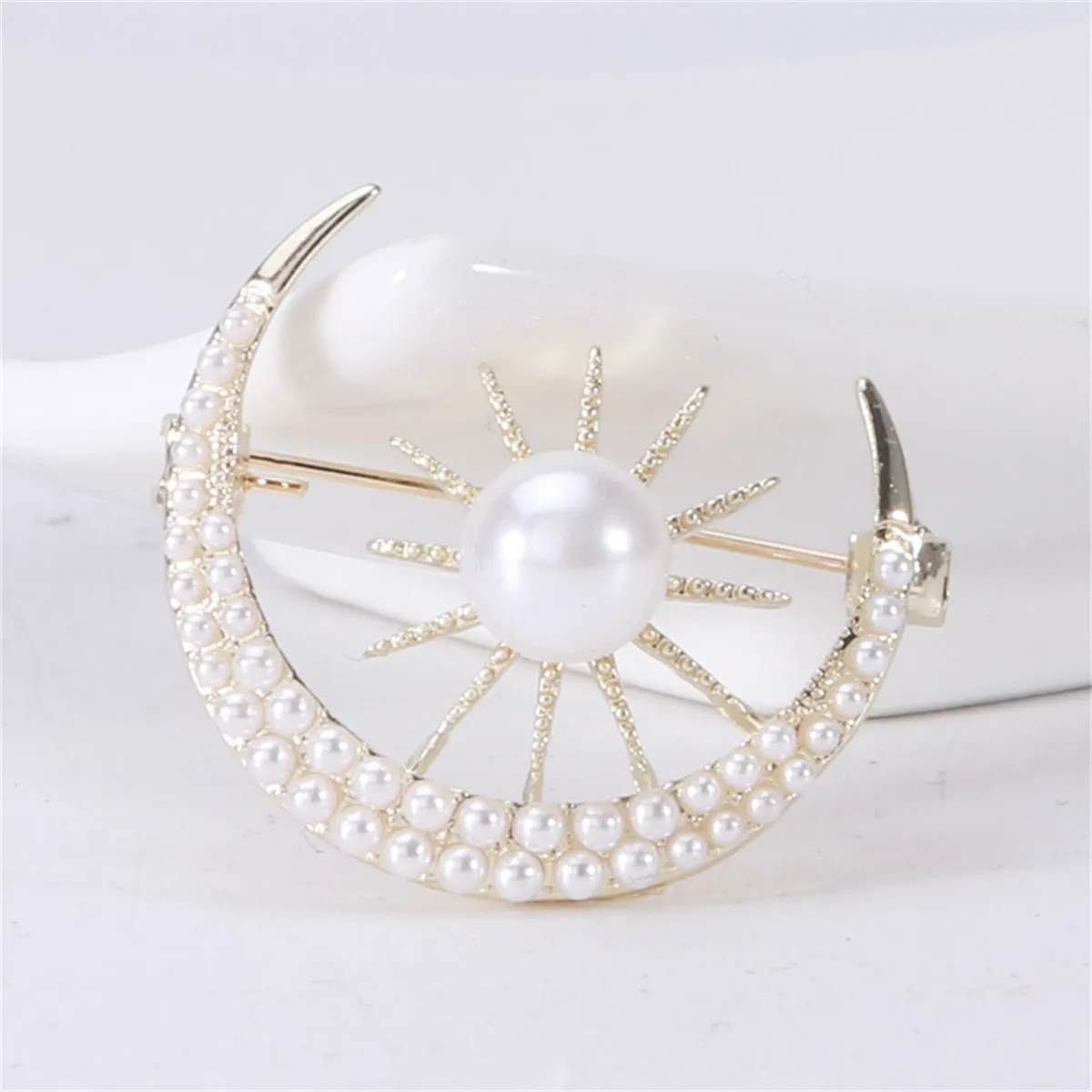 Pearl & 18K Gold-Plated Sun & Moon Brooch