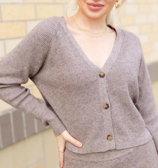 Pinch Mocha Ribbed Button Cardigan