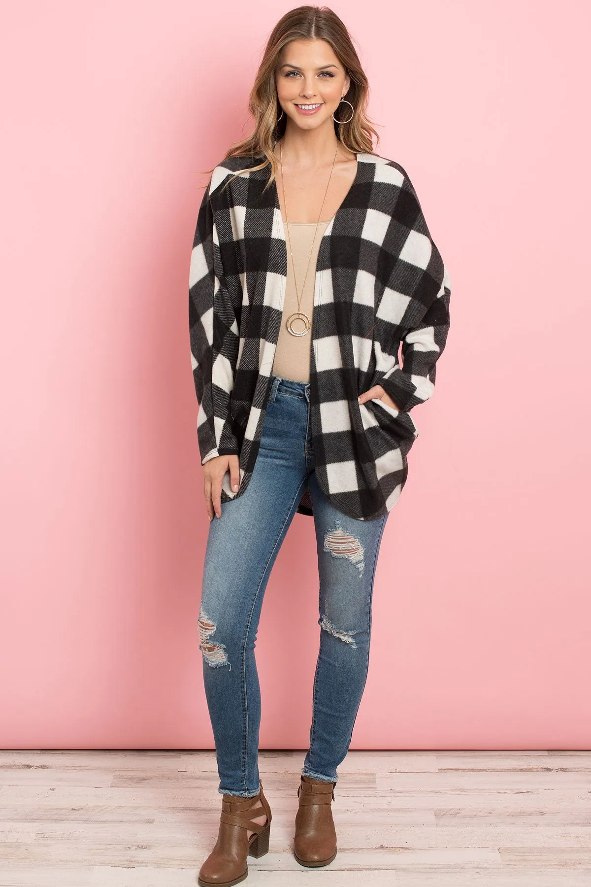 Plaid Brushed Long Sleeved Open Cardigan