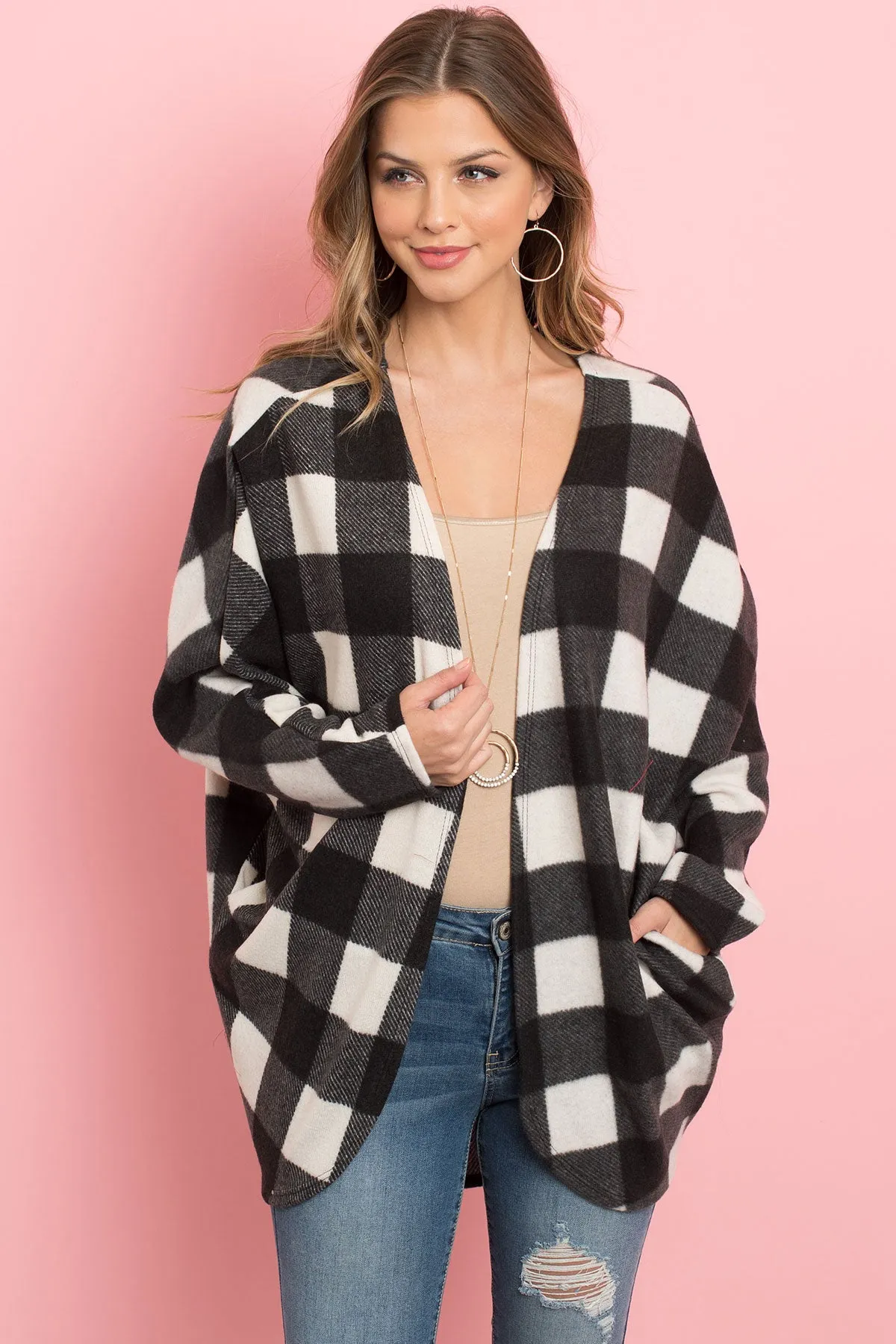 Plaid Brushed Long Sleeved Open Cardigan