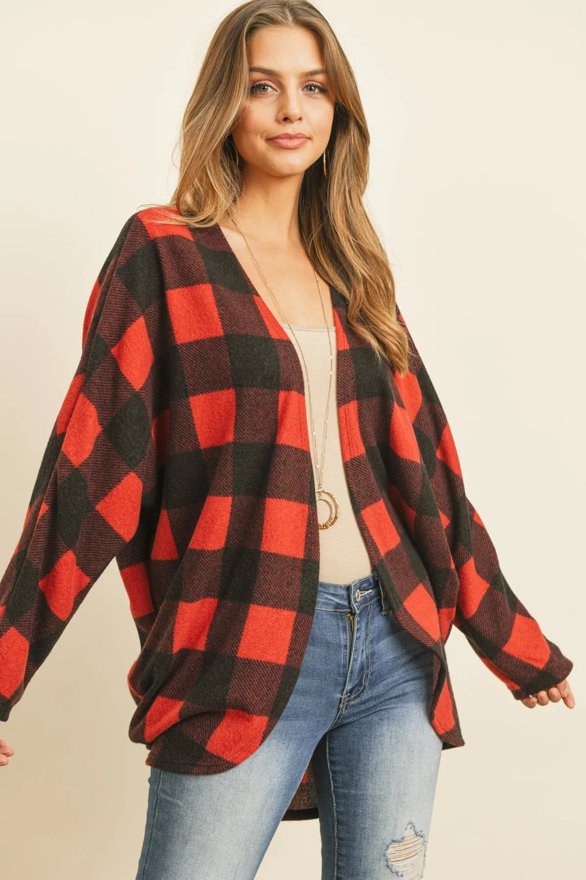 Plaid Brushed Long Sleeved Open Cardigan