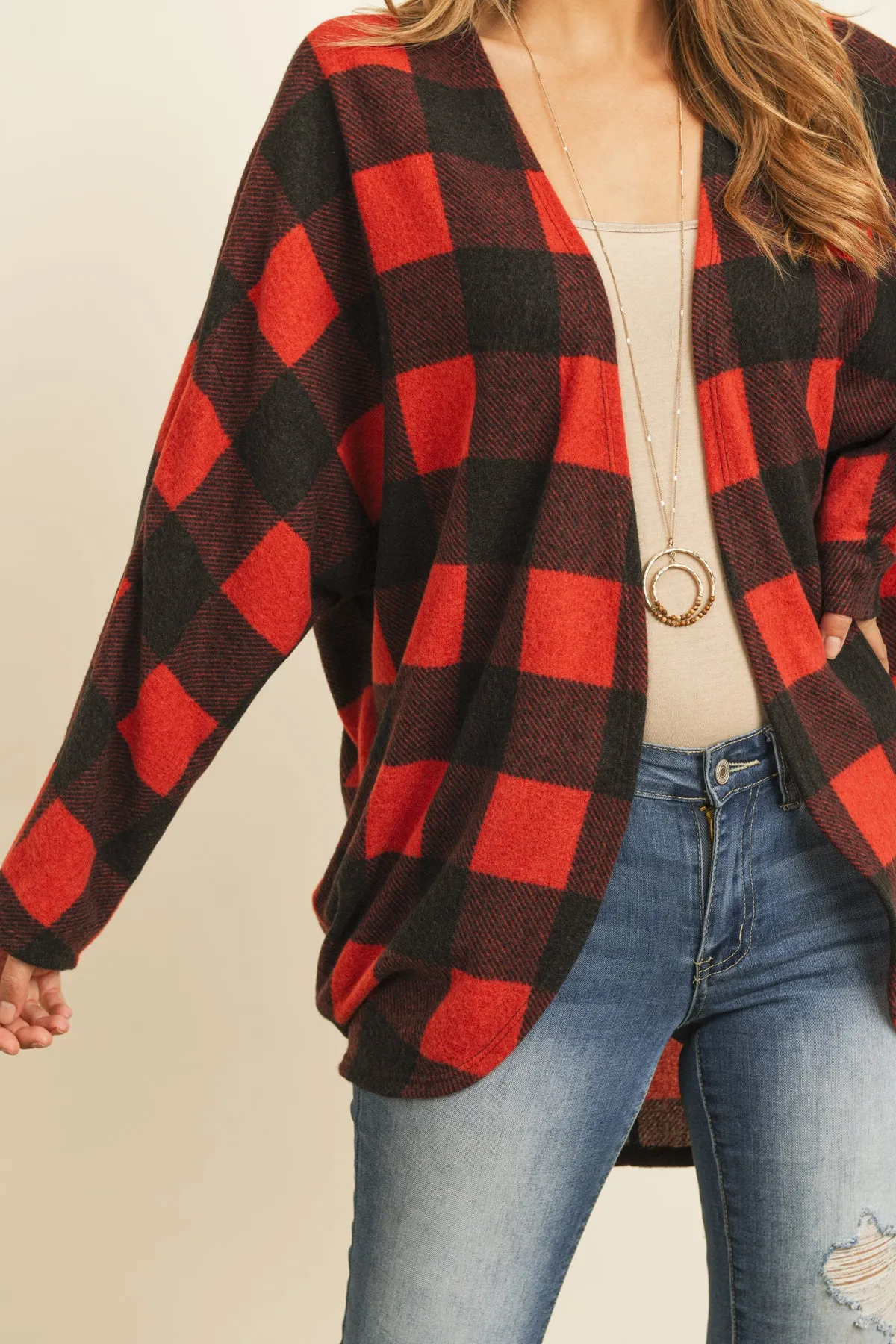 Plaid Brushed Long Sleeved Open Cardigan