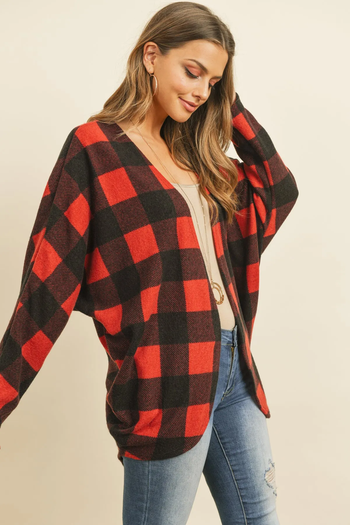 Plaid Brushed Long Sleeved Open Cardigan