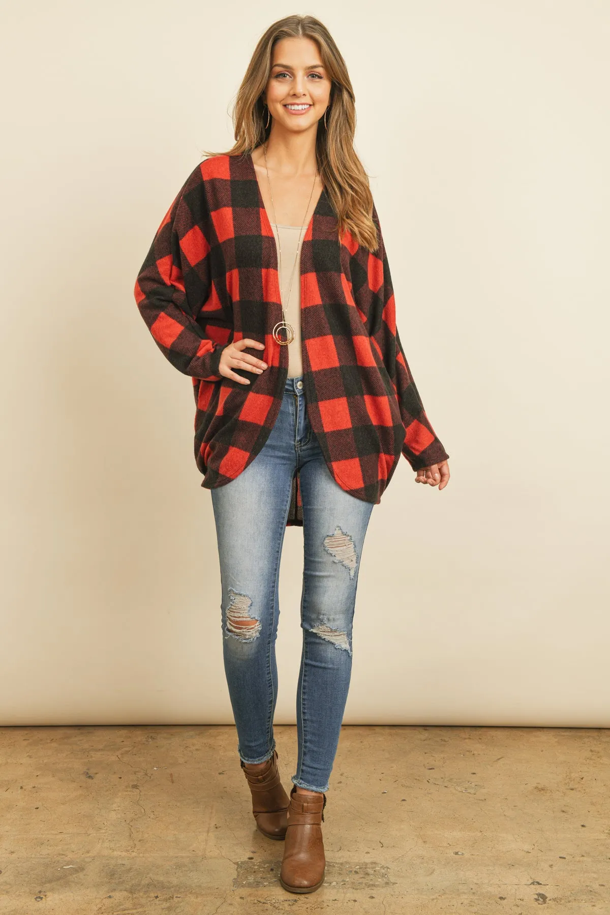 Plaid Brushed Long Sleeved Open Cardigan