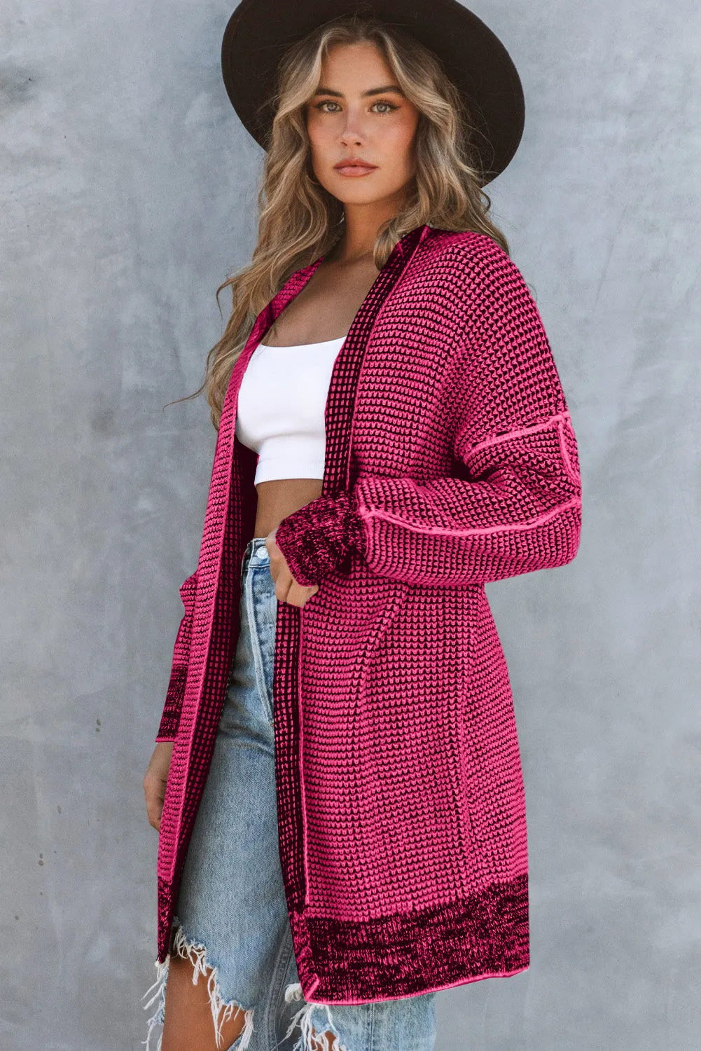 Plaid Knitted Long Open Front Rose Cardigan