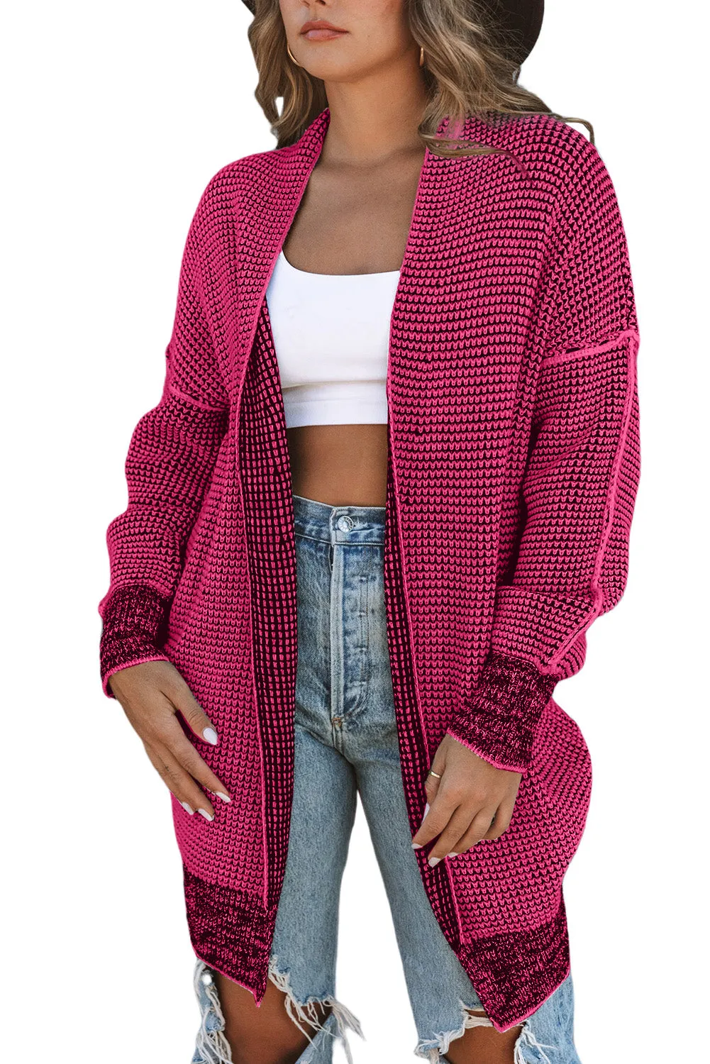 Plaid Knitted Long Open Front Rose Cardigan