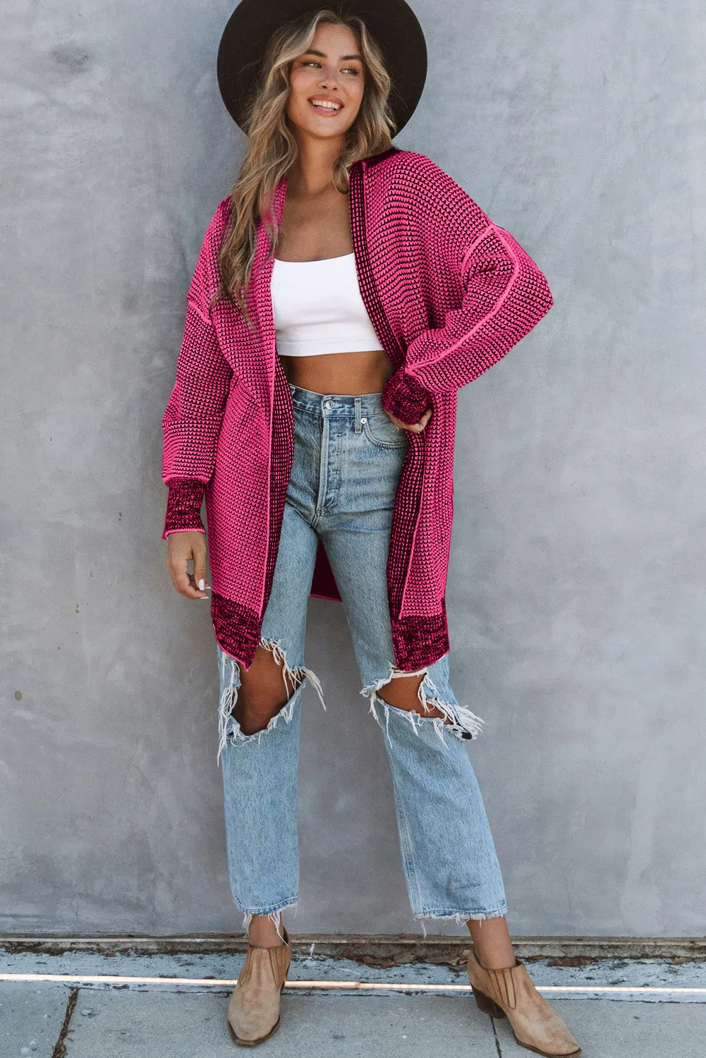 Plaid Knitted Long Open Front Rose Cardigan