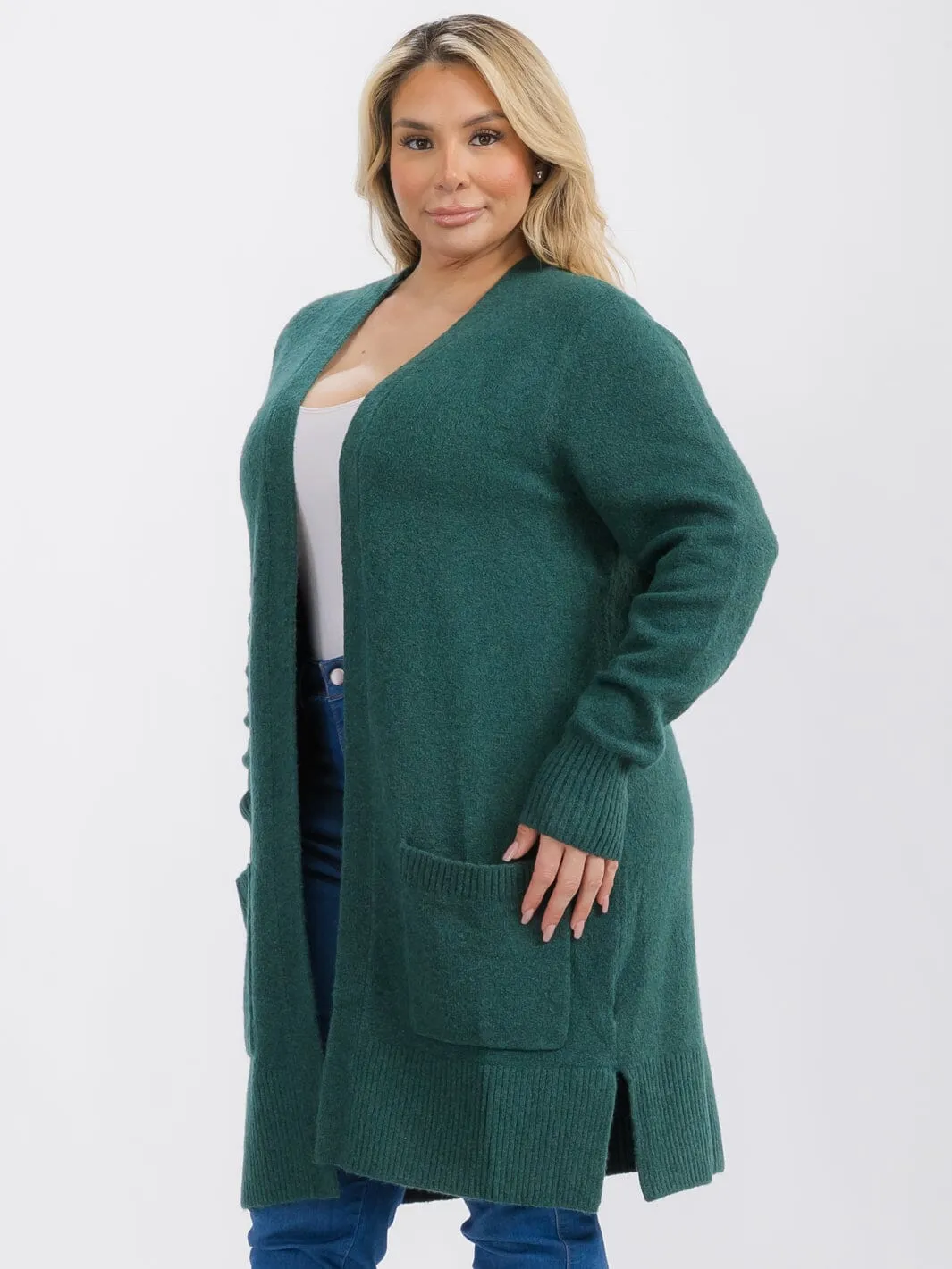 PLUS SIZE LONG SLEEVE OPEN FRONT POCKETS CARDIGAN