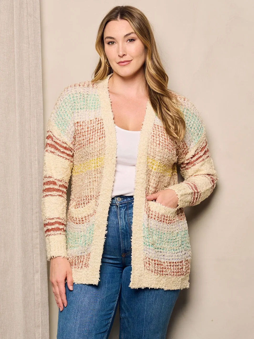 PLUS SIZE LONG SLEEVE OPEN FRONT POCKETS MULTI CARDIGAN