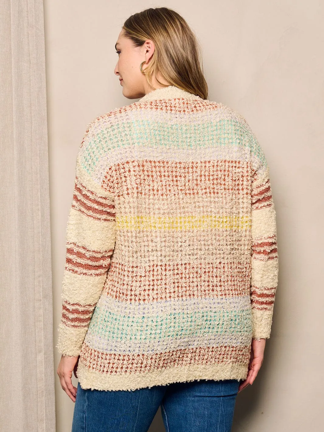 PLUS SIZE LONG SLEEVE OPEN FRONT POCKETS MULTI CARDIGAN