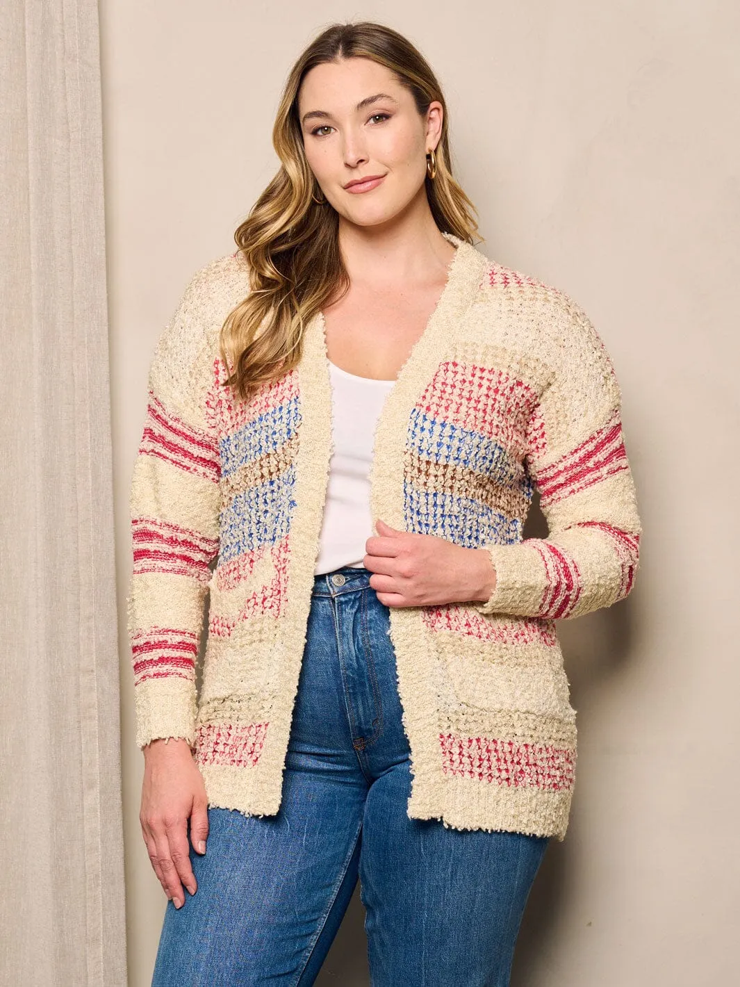 PLUS SIZE LONG SLEEVE OPEN FRONT POCKETS MULTI CARDIGAN