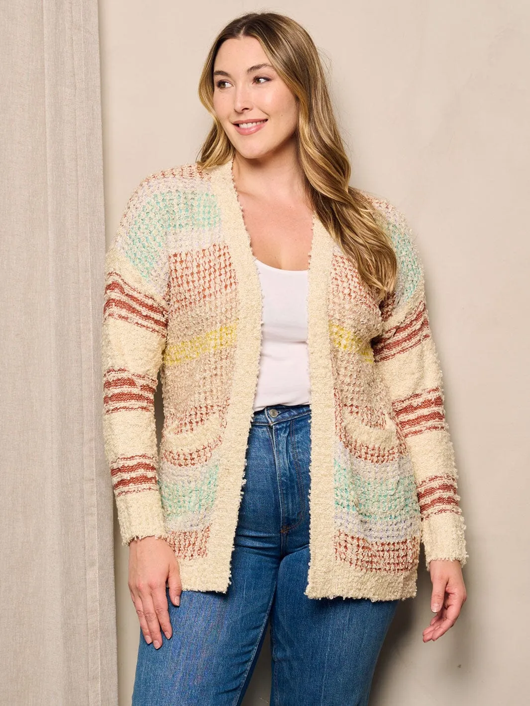 PLUS SIZE LONG SLEEVE OPEN FRONT POCKETS MULTI CARDIGAN