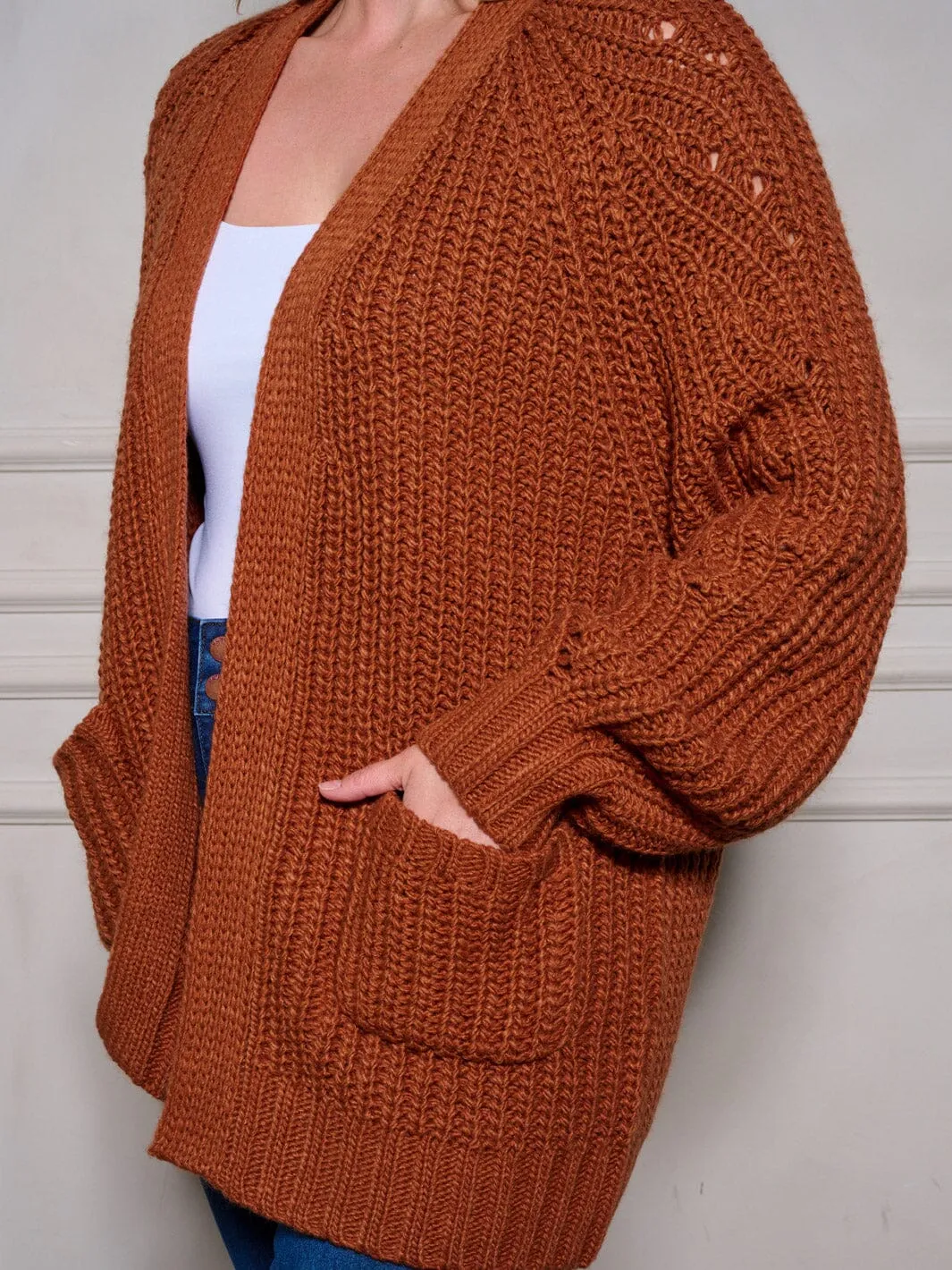 PLUS SIZE LONG SLEEVE POCKETS OPEN FRONT KNIT CARDIGAN