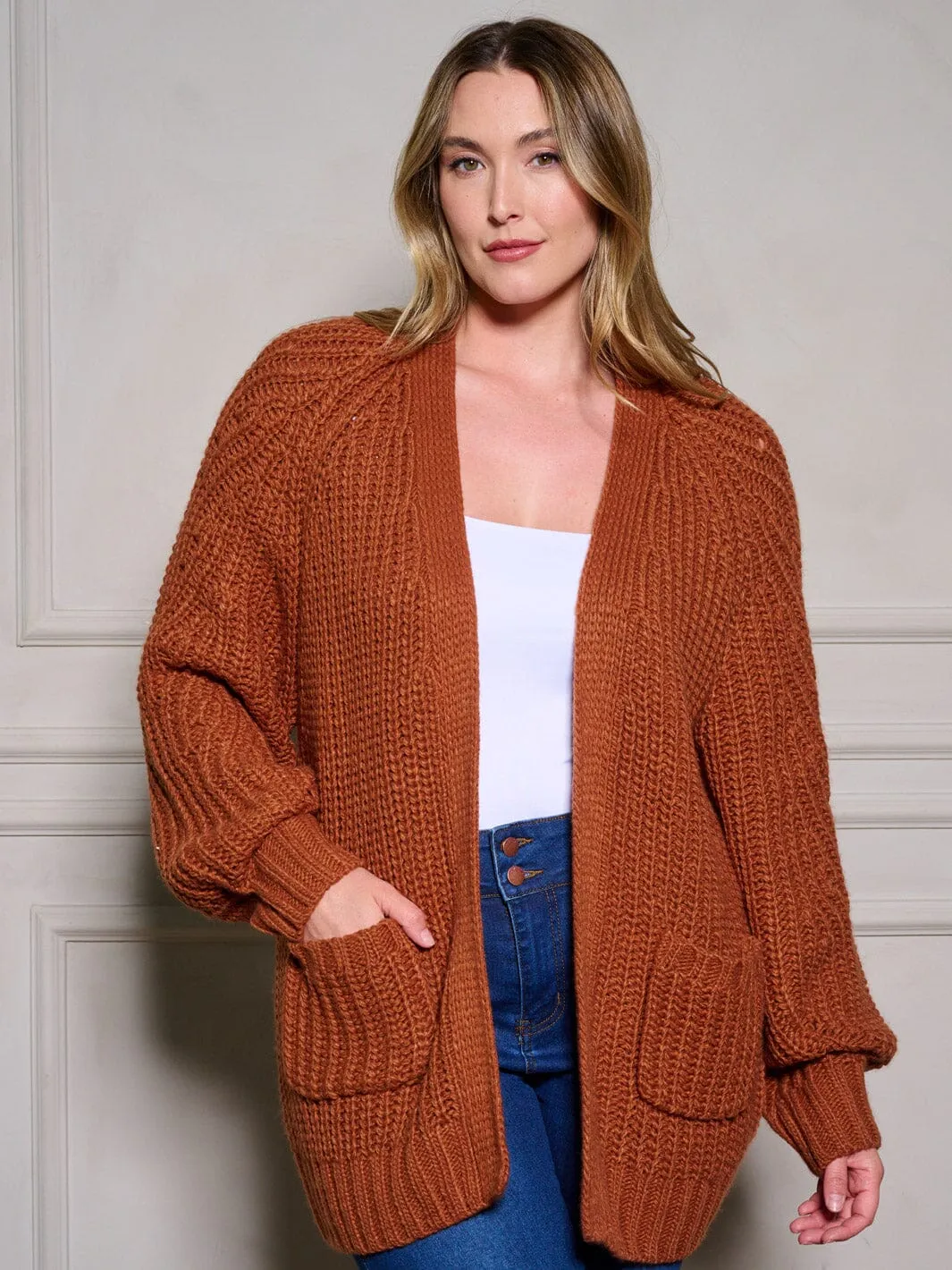 PLUS SIZE LONG SLEEVE POCKETS OPEN FRONT KNIT CARDIGAN